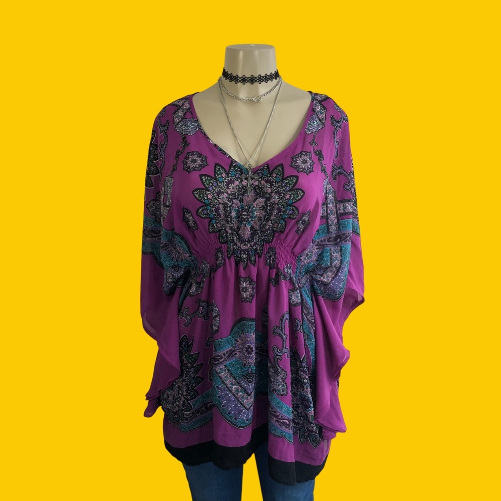 Vintage Y2K Nicole Miller Boho Paisley Kimono Tunic Top Purple Womens Large